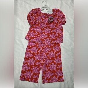TAHARI Girl 2 Piece Set Red With Purple & Pink Flowers Size 5